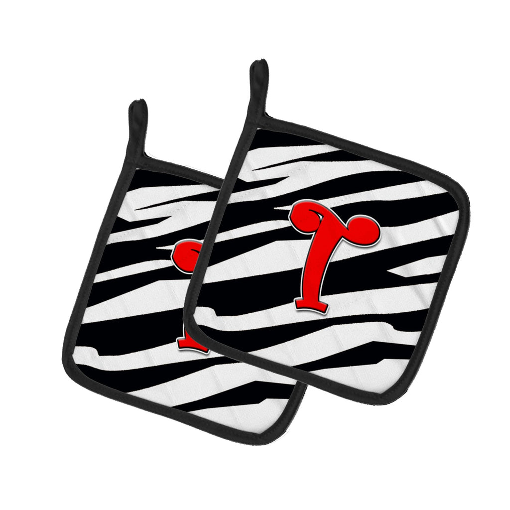 Letter T Initial Monogram - Zebra Red Pot Holder Set of 2 Heat Resistant Quilted Hot Pads 7.5 x 7.5 Inch, Insulated Kitchen Trivets for Cooking & Baking