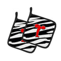 Letter T Initial Monogram - Zebra Red Pot Holder Set of 2 Heat Resistant Quilted Hot Pads 7.5 x 7.5 Inch, Insulated Kitchen Trivets for Cooking & Baking
