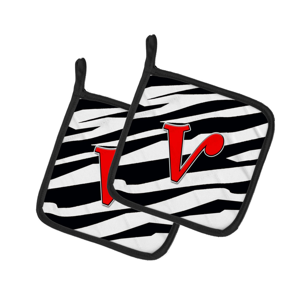 Letter V Initial Monogram - Zebra Red Pot Holder Set of 2 Heat Resistant Quilted Hot Pads 7.5 x 7.5 Inch, Insulated Kitchen Trivets for Cooking & Baking