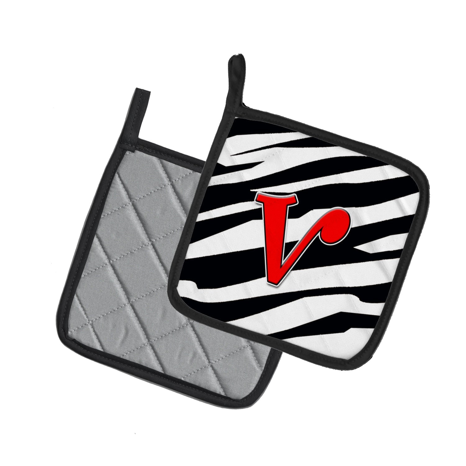 Letter V Initial Monogram - Zebra Red Pot Holder Set of 2 Heat Resistant Quilted Hot Pads 7.5 x 7.5 Inch, Insulated Kitchen Trivets for Cooking & Baking