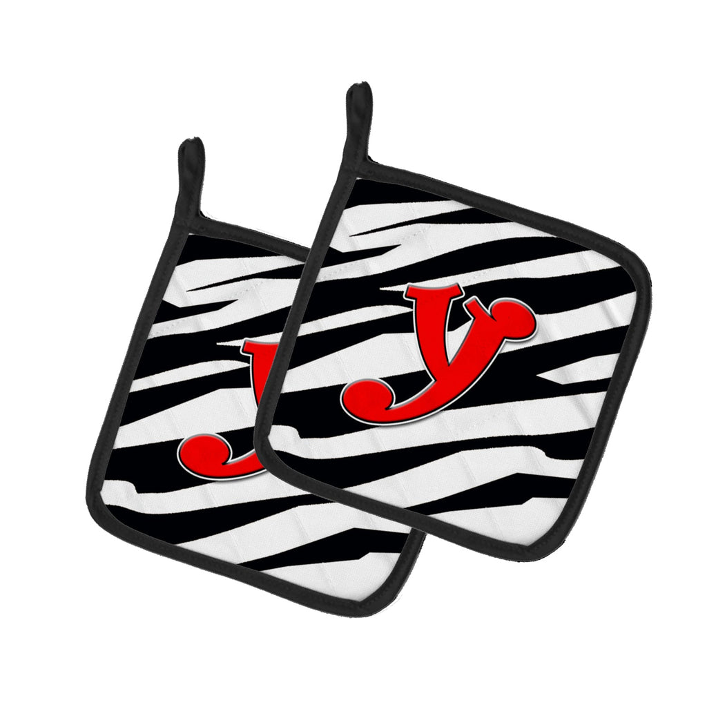 Letter Y Initial Monogram - Zebra Red Pot Holder Set of 2 Heat Resistant Quilted Hot Pads 7.5 x 7.5 Inch, Insulated Kitchen Trivets for Cooking & Baking