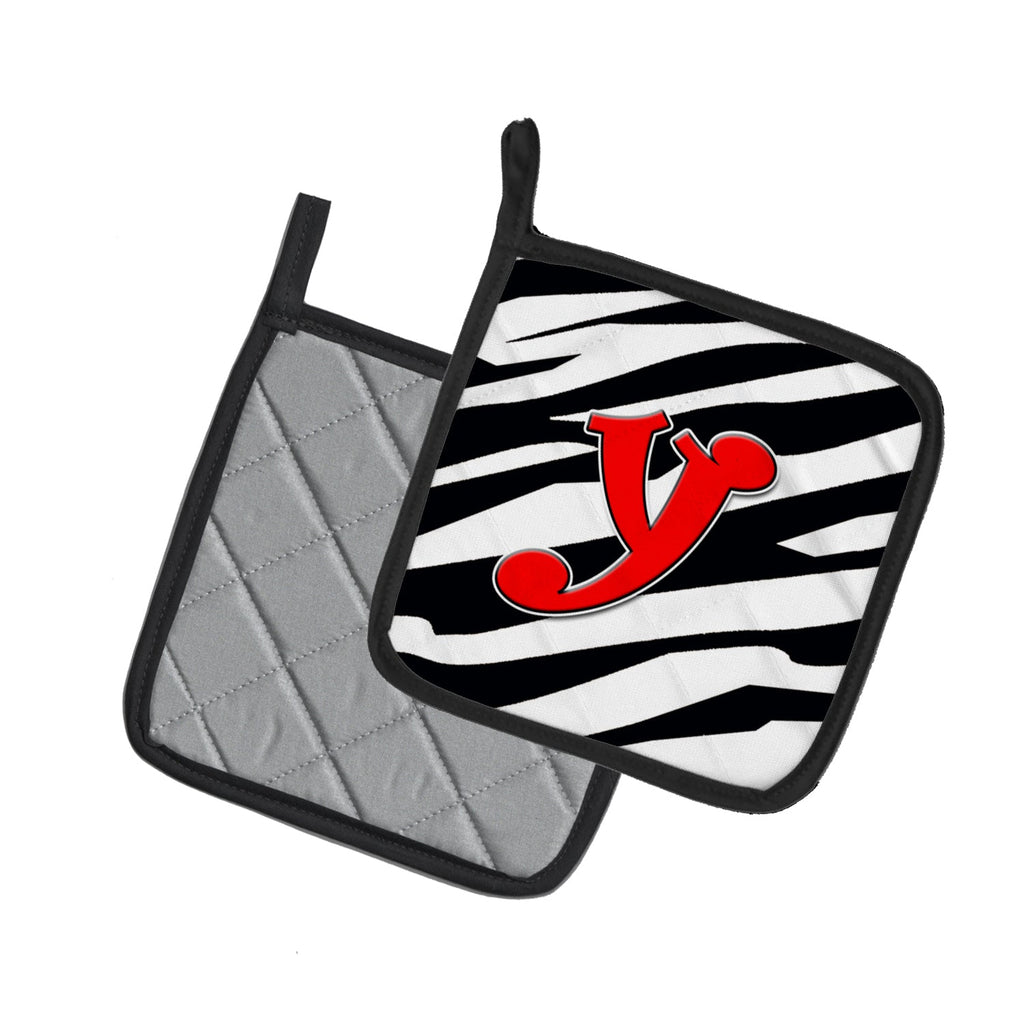 Letter Y Initial Monogram - Zebra Red Pot Holder Set of 2 Heat Resistant Quilted Hot Pads 7.5 x 7.5 Inch, Insulated Kitchen Trivets for Cooking & Baking
