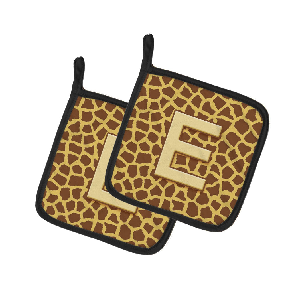 Letter E Initial Monogram - Giraffe Pot Holder Set of 2 Heat Resistant Quilted Hot Pads 7.5 x 7.5 Inch, Insulated Kitchen Trivets for Cooking & Baking