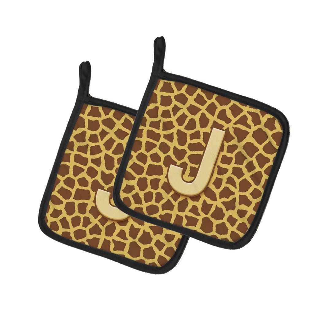 Letter J Initial Monogram - Giraffe Pot Holder Set of 2 Heat Resistant Quilted Hot Pads 7.5 x 7.5 Inch, Insulated Kitchen Trivets for Cooking & Baking