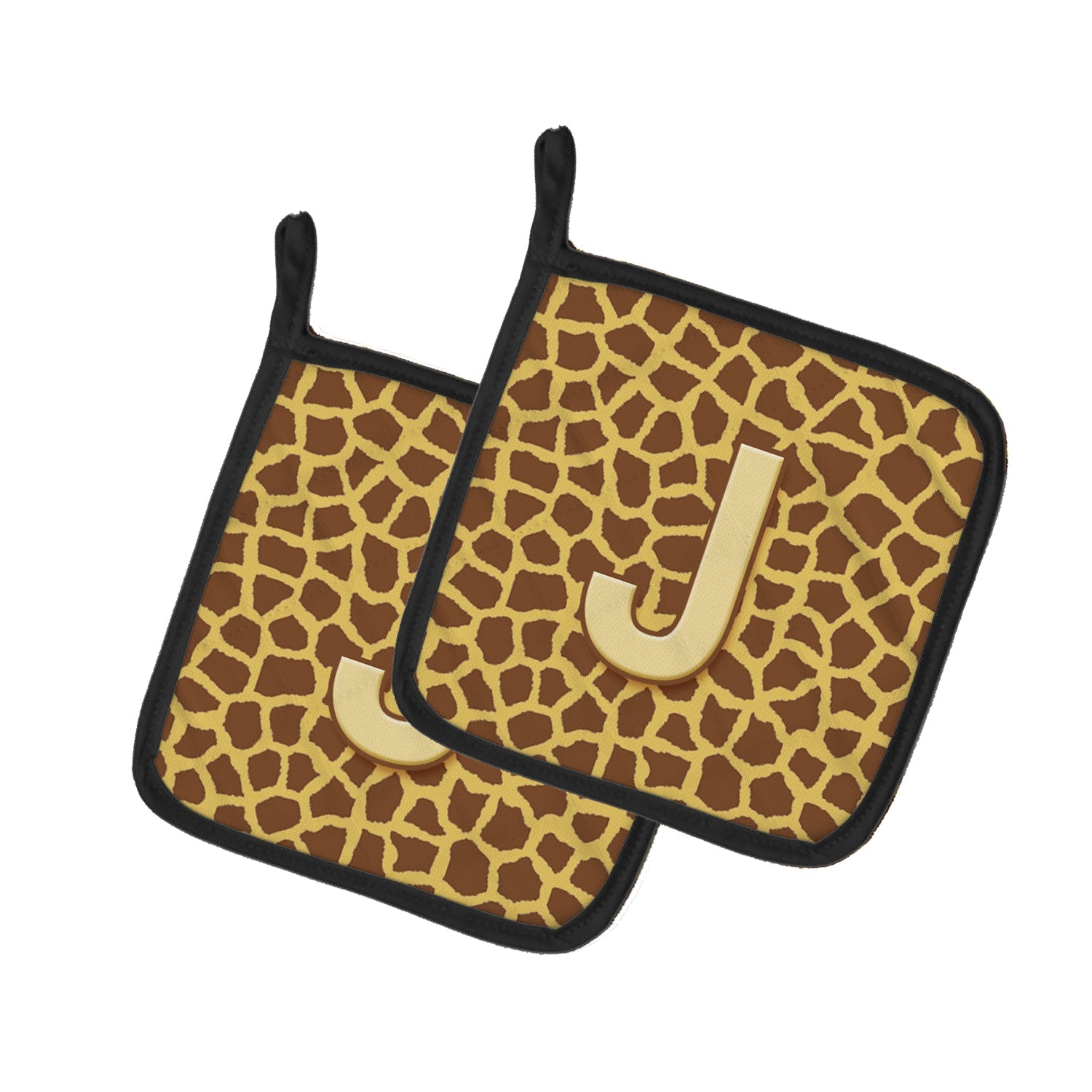 Letter J Initial Monogram - Giraffe Pot Holder Set of 2 Heat Resistant Quilted Hot Pads 7.5 x 7.5 Inch, Insulated Kitchen Trivets for Cooking & Baking