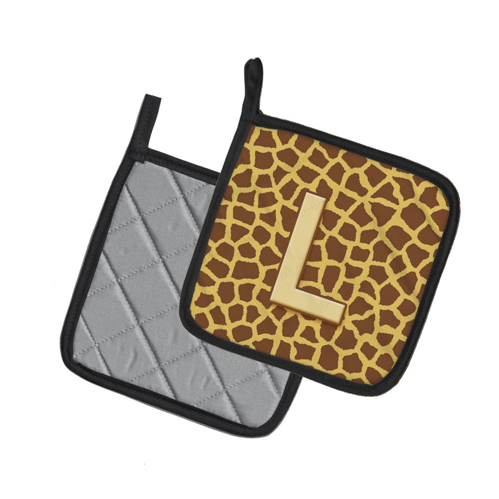 Letter L Initial Monogram - Giraffe Pot Holder Set of 2 Heat Resistant Quilted Hot Pads 7.5 x 7.5 Inch, Insulated Kitchen Trivets for Cooking & Baking