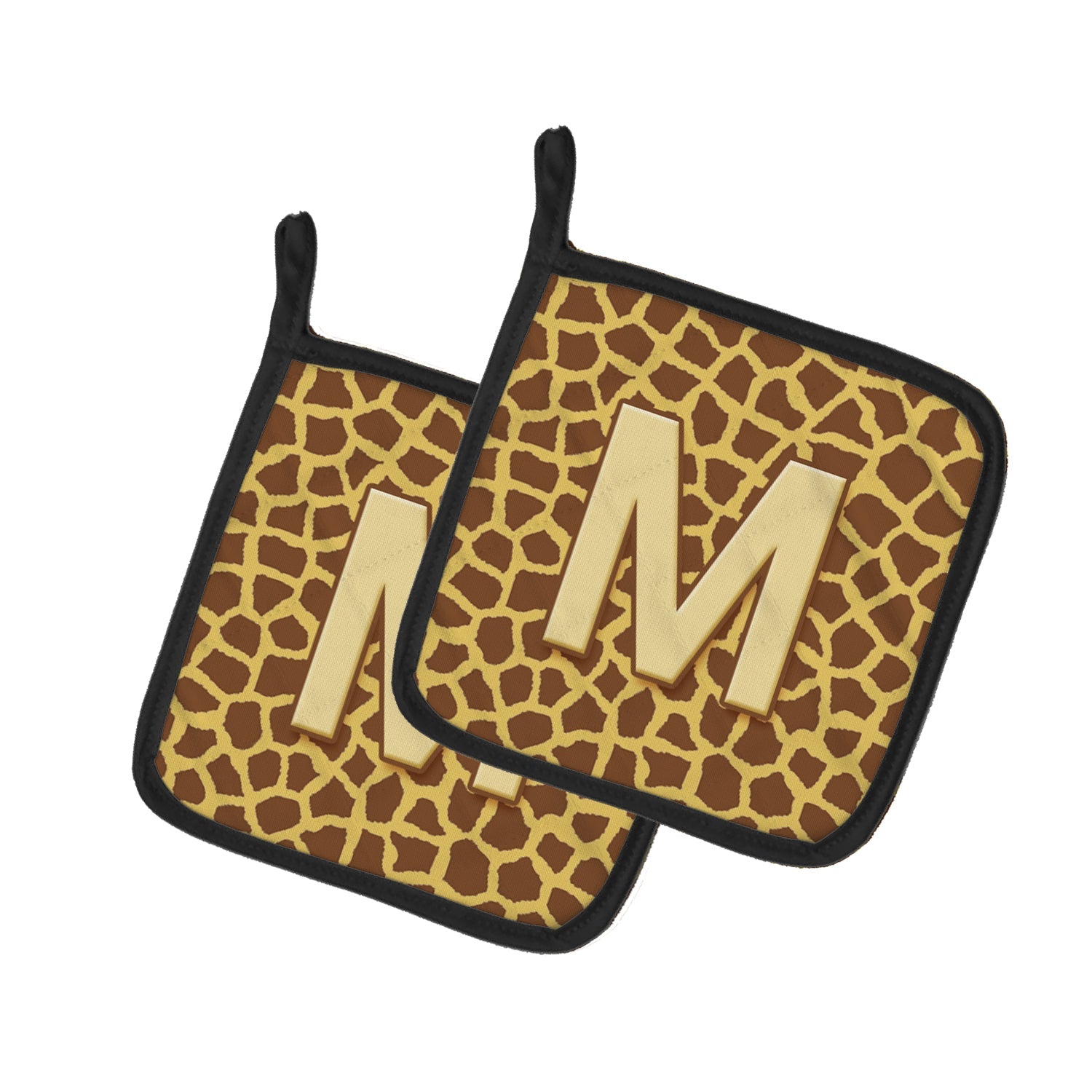 Letter M Initial Monogram - Giraffe Pot Holder Set of 2 Heat Resistant Quilted Hot Pads 7.5 x 7.5 Inch, Insulated Kitchen Trivets for Cooking & Baking