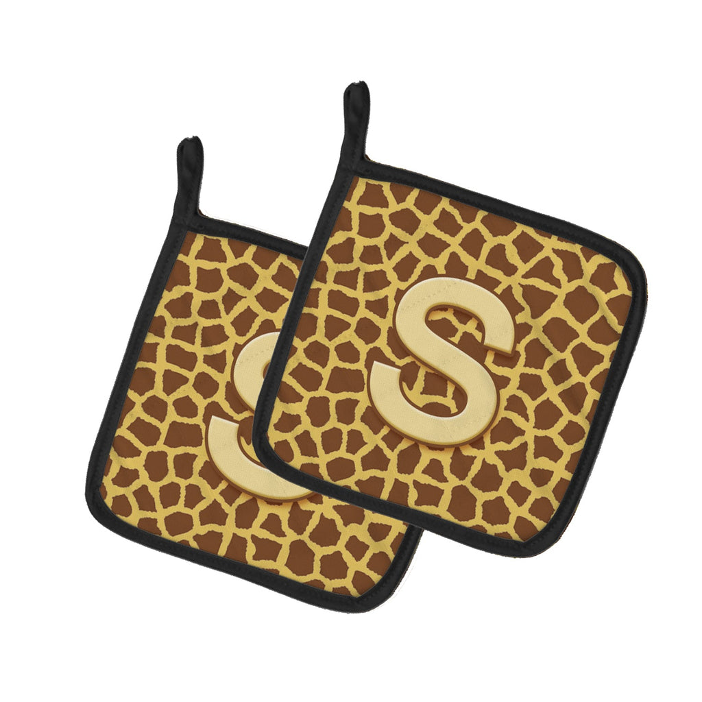 Letter S Initial Monogram - Giraffe Pot Holder Set of 2 Heat Resistant Quilted Hot Pads 7.5 x 7.5 Inch, Insulated Kitchen Trivets for Cooking & Baking