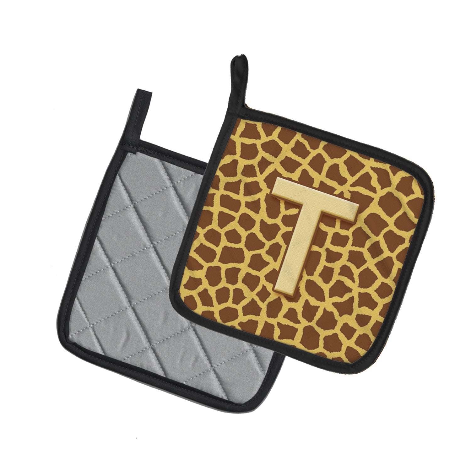 Letter T Initial Monogram - Giraffe Pot Holder Set of 2 Heat Resistant Quilted Hot Pads 7.5 x 7.5 Inch, Insulated Kitchen Trivets for Cooking & Baking