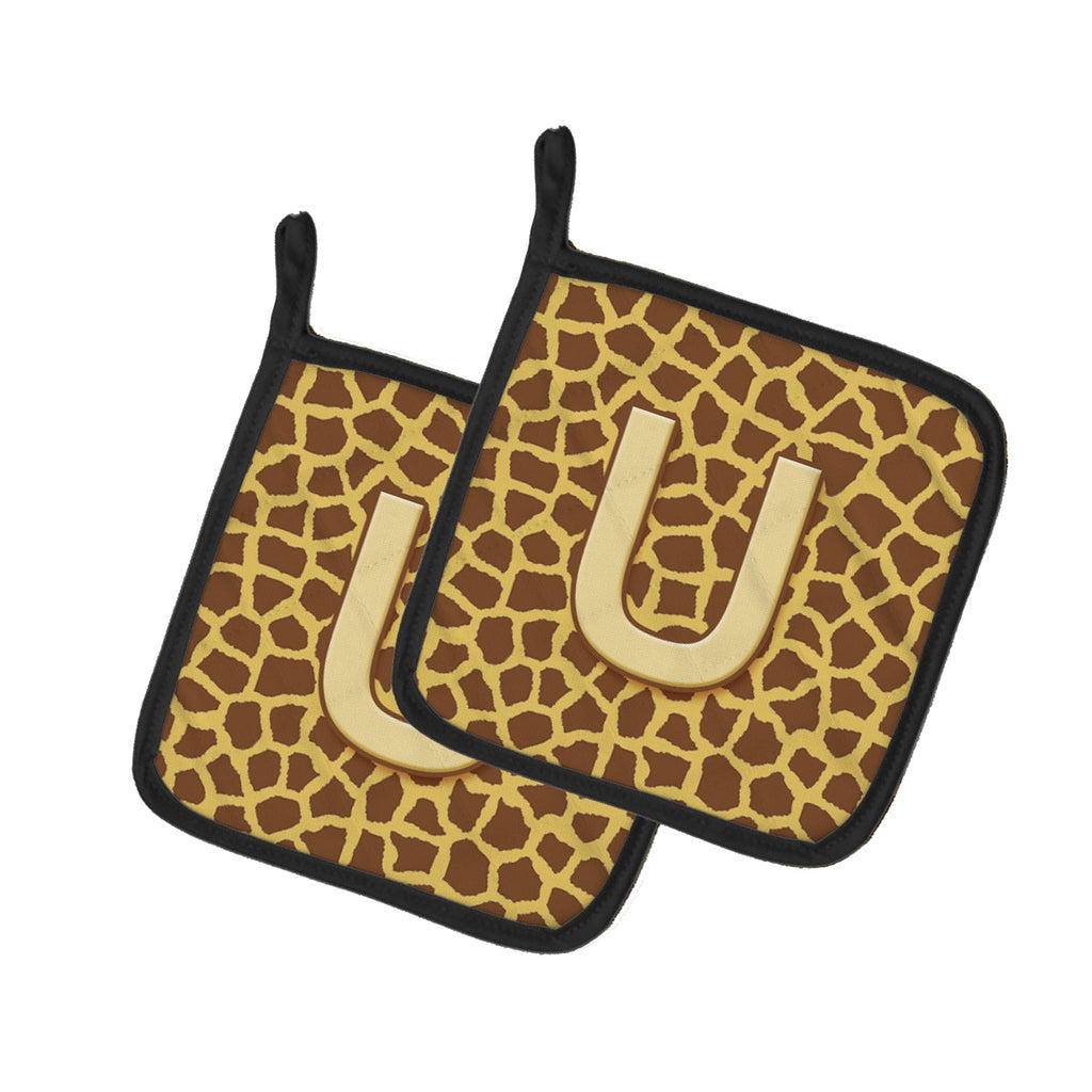 Letter U Initial Monogram - Giraffe Pot Holder Set of 2 Heat Resistant Quilted Hot Pads 7.5 x 7.5 Inch, Insulated Kitchen Trivets for Cooking & Baking