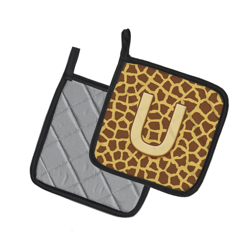 Letter U Initial Monogram - Giraffe Pot Holder Set of 2 Heat Resistant Quilted Hot Pads 7.5 x 7.5 Inch, Insulated Kitchen Trivets for Cooking & Baking