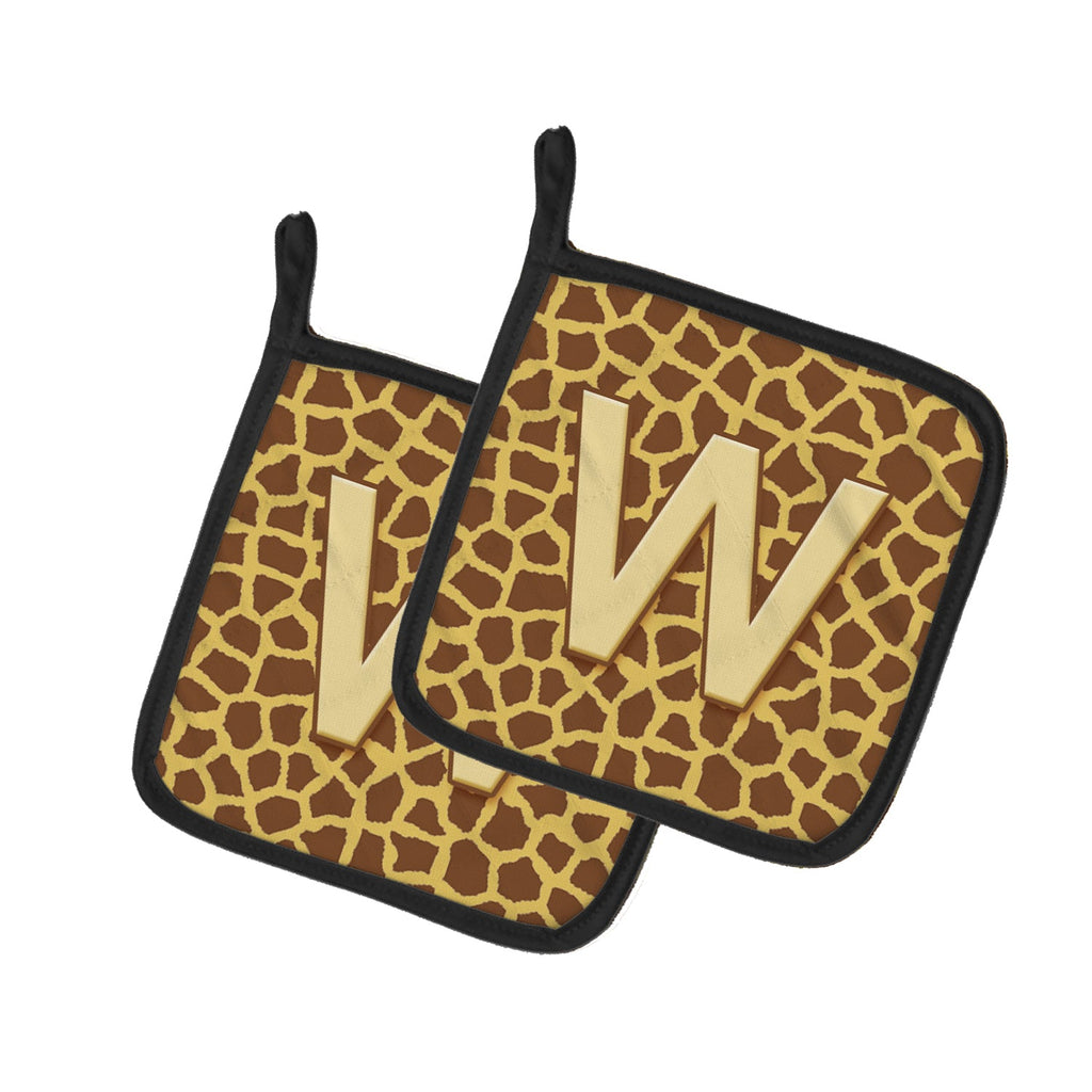 Letter W Initial Monogram - Giraffe Pot Holder Set of 2 Heat Resistant Quilted Hot Pads 7.5 x 7.5 Inch, Insulated Kitchen Trivets for Cooking & Baking