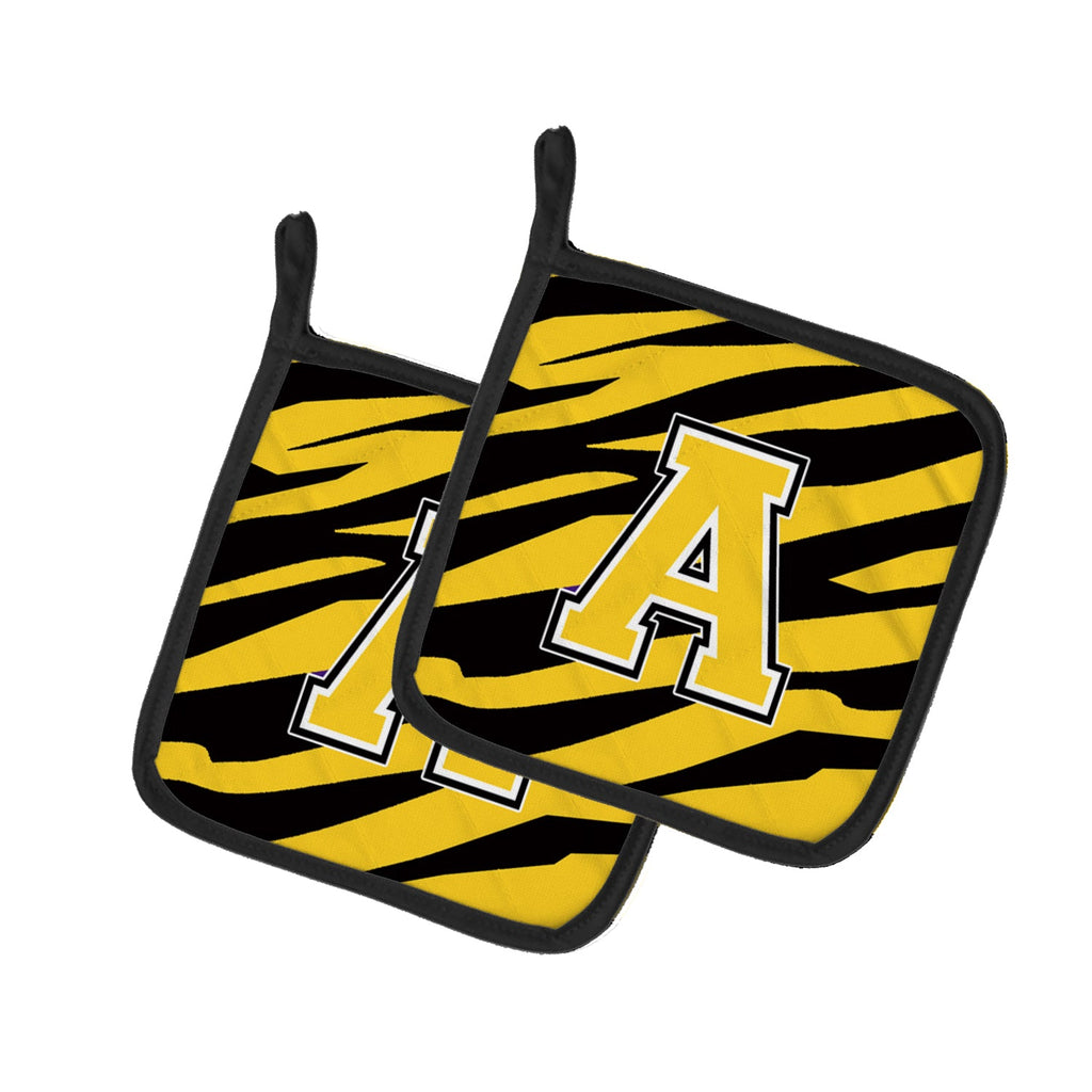 Letter A Monogram - Black Gold Tiger Stripe Pot Holder Set of 2 Heat Resistant Quilted Hot Pads 7.5 x 7.5 Inch, Insulated Kitchen Trivets for Cooking & Baking