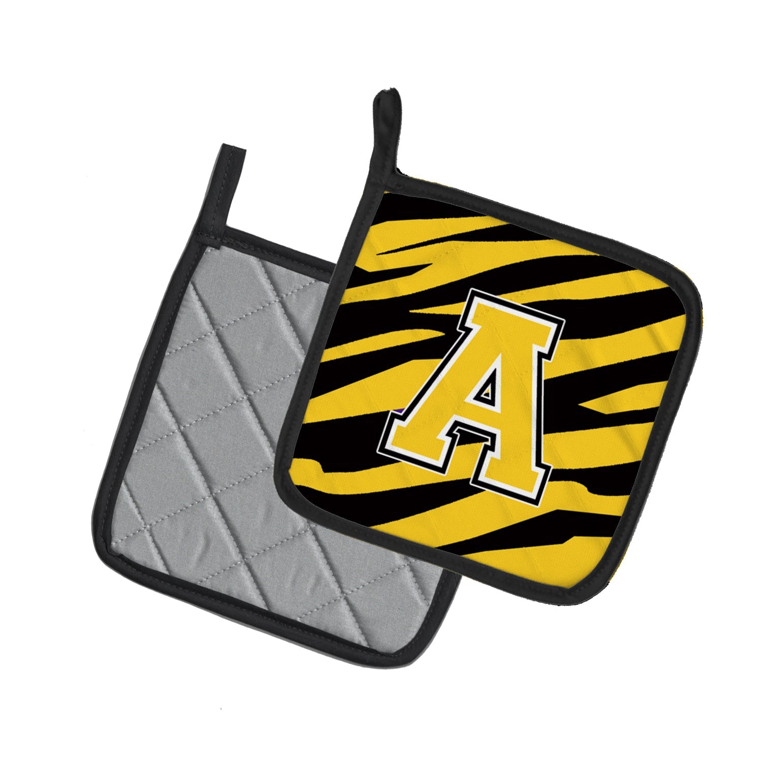 Letter A Monogram - Black Gold Tiger Stripe Pot Holder Set of 2 Heat Resistant Quilted Hot Pads 7.5 x 7.5 Inch, Insulated Kitchen Trivets for Cooking & Baking