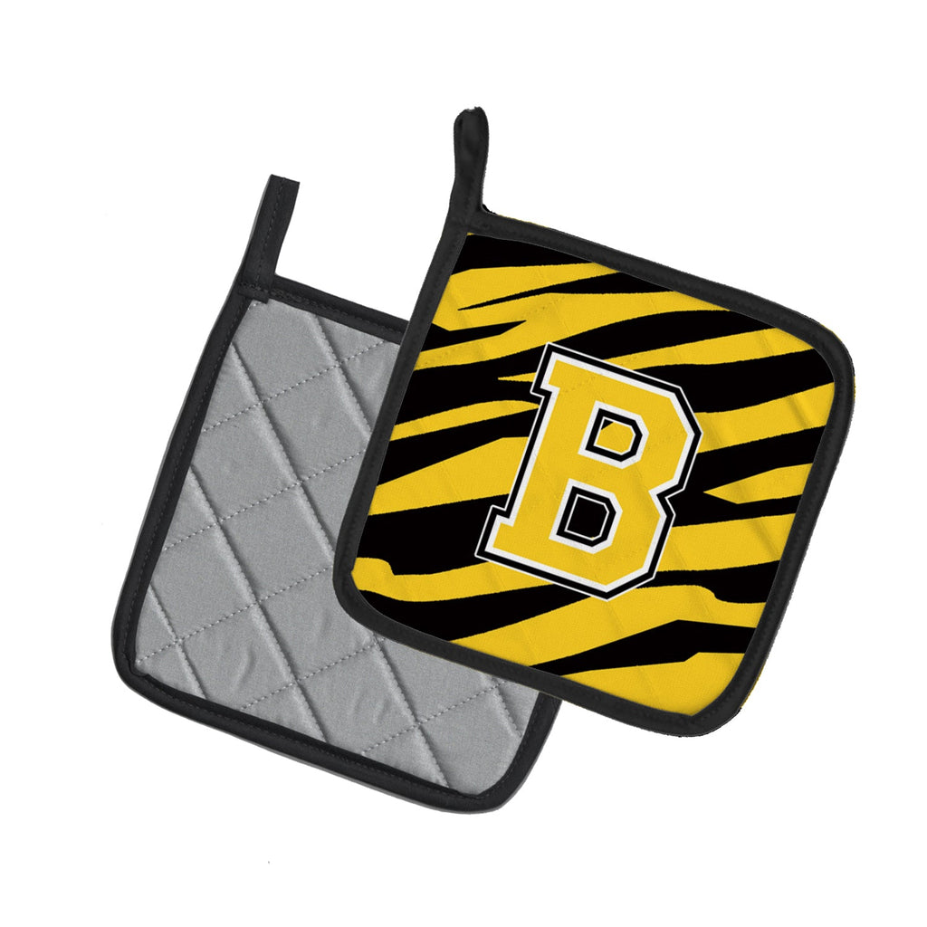 Letter B Initial Tiger Stripe - Black Gold  Pot Holder Set of 2 Heat Resistant Quilted Hot Pads 7.5 x 7.5 Inch, Insulated Kitchen Trivets for Cooking & Baking