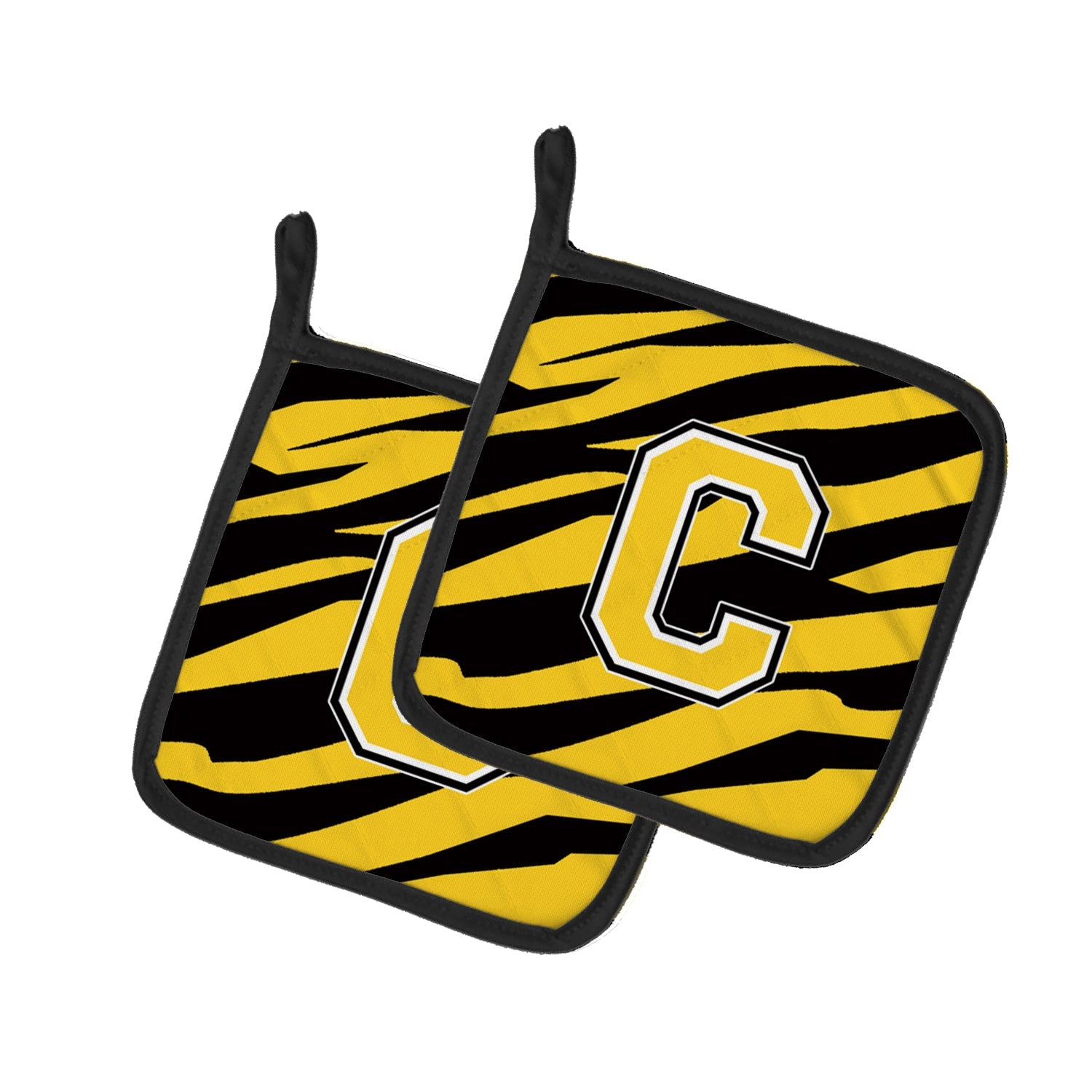 Letter C Initial Tiger Stripe - Black Gold  Pot Holder Set of 2 Heat Resistant Quilted Hot Pads 7.5 x 7.5 Inch, Insulated Kitchen Trivets for Cooking & Baking