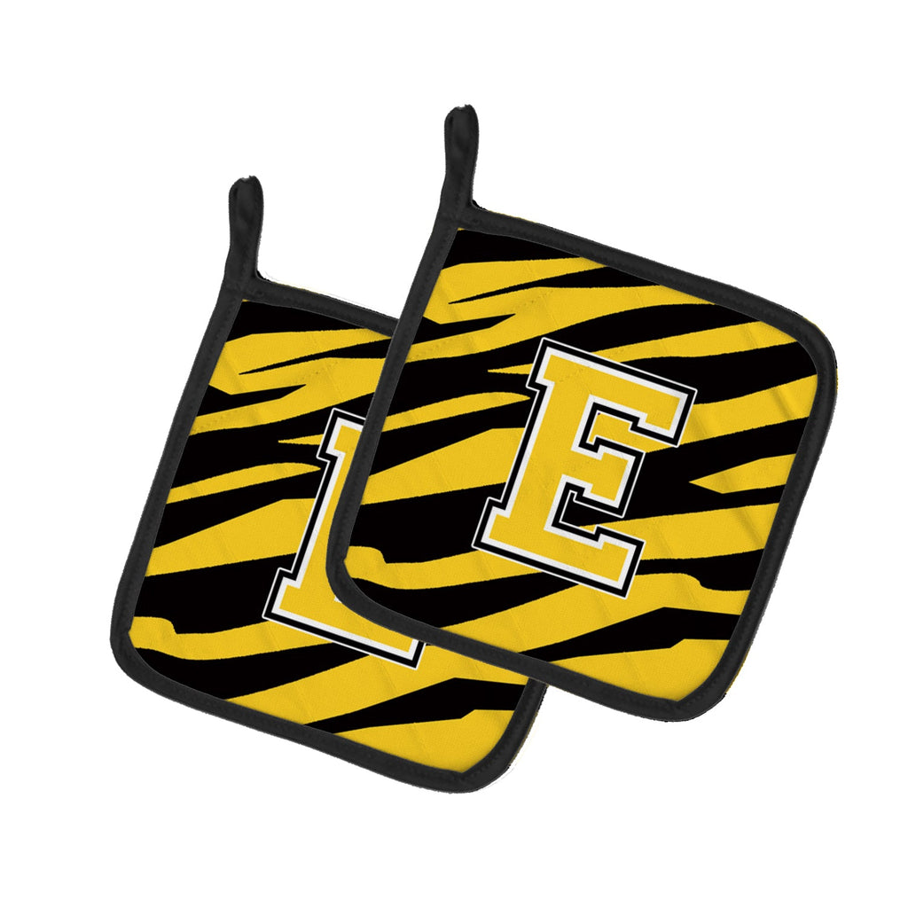 Letter E Initial Tiger Stripe - Black Gold  Pot Holder Set of 2 Heat Resistant Quilted Hot Pads 7.5 x 7.5 Inch, Insulated Kitchen Trivets for Cooking & Baking