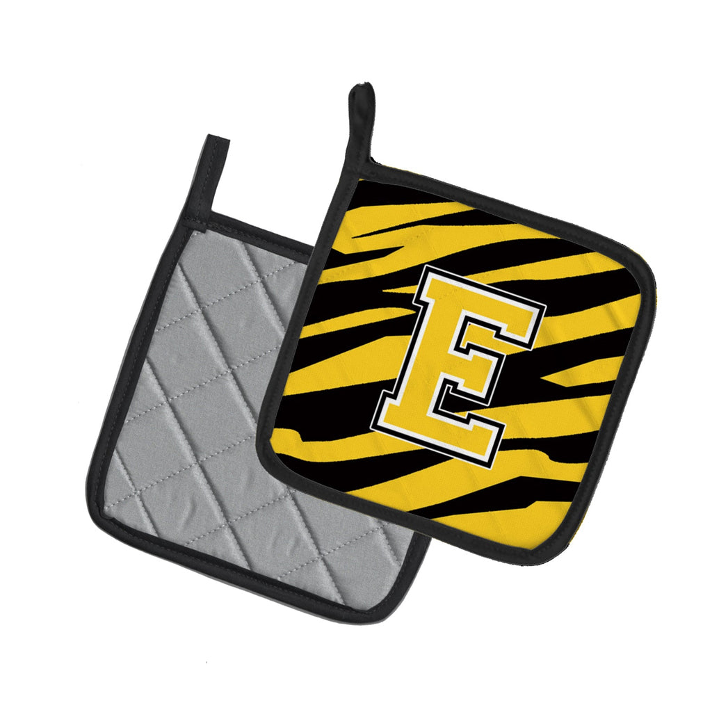 Letter E Initial Tiger Stripe - Black Gold  Pot Holder Set of 2 Heat Resistant Quilted Hot Pads 7.5 x 7.5 Inch, Insulated Kitchen Trivets for Cooking & Baking