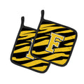 Letter F Initial Tiger Stripe - Black Gold  Pot Holder Set of 2 Heat Resistant Quilted Hot Pads 7.5 x 7.5 Inch, Insulated Kitchen Trivets for Cooking & Baking