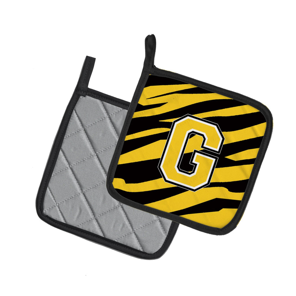 Letter G Initial Tiger Stripe - Black Gold  Pot Holder Set of 2 Heat Resistant Quilted Hot Pads 7.5 x 7.5 Inch, Insulated Kitchen Trivets for Cooking & Baking