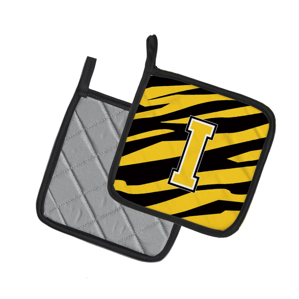 Letter I Initial Tiger Stripe - Black Gold  Pot Holder Set of 2 Heat Resistant Quilted Hot Pads 7.5 x 7.5 Inch, Insulated Kitchen Trivets for Cooking & Baking