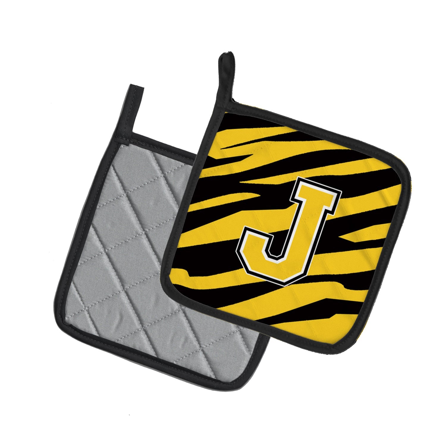 Letter J Initial Tiger Stripe - Black Gold  Pot Holder Set of 2 Heat Resistant Quilted Hot Pads 7.5 x 7.5 Inch, Insulated Kitchen Trivets for Cooking & Baking