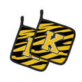 Letter K Initial Tiger Stripe - Black Gold  Pot Holder Set of 2 Heat Resistant Quilted Hot Pads 7.5 x 7.5 Inch, Insulated Kitchen Trivets for Cooking & Baking