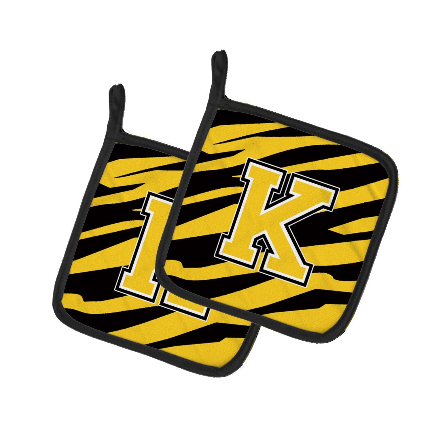 Letter K Initial Tiger Stripe - Black Gold  Pot Holder Set of 2 Heat Resistant Quilted Hot Pads 7.5 x 7.5 Inch, Insulated Kitchen Trivets for Cooking & Baking