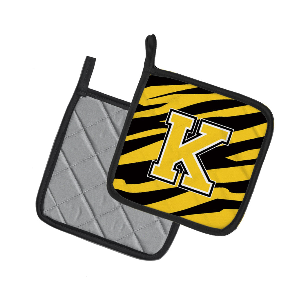 Letter K Initial Tiger Stripe - Black Gold  Pot Holder Set of 2 Heat Resistant Quilted Hot Pads 7.5 x 7.5 Inch, Insulated Kitchen Trivets for Cooking & Baking
