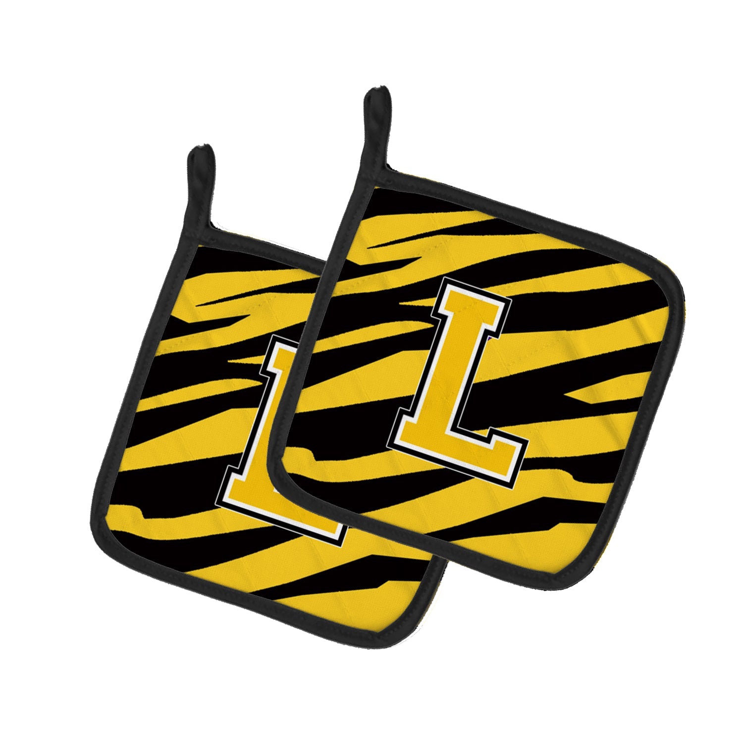 Letter L Initial Tiger Stripe - Black Gold  Pot Holder Set of 2 Heat Resistant Quilted Hot Pads 7.5 x 7.5 Inch, Insulated Kitchen Trivets for Cooking & Baking
