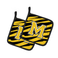 Letter M Initial Tiger Stripe - Black Gold  Pot Holder Set of 2 Heat Resistant Quilted Hot Pads 7.5 x 7.5 Inch, Insulated Kitchen Trivets for Cooking & Baking