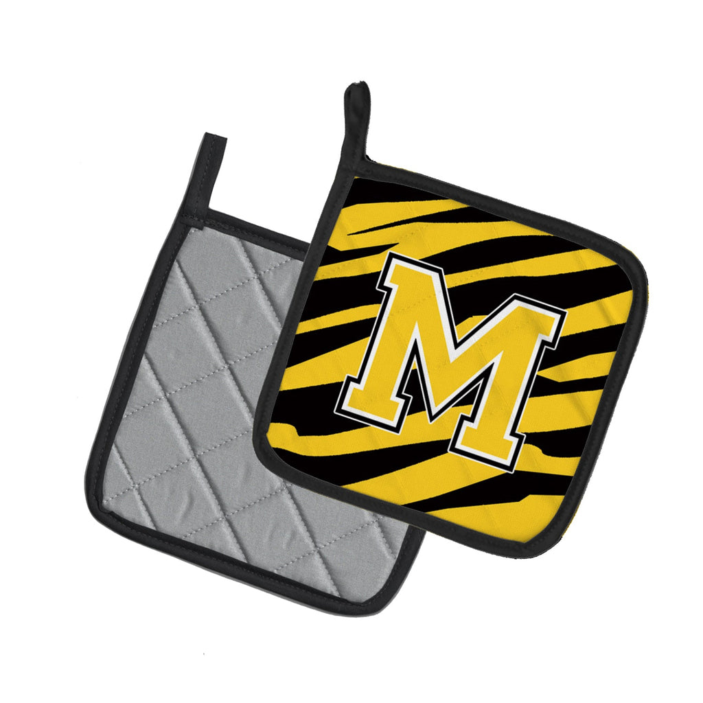 Letter M Initial Tiger Stripe - Black Gold  Pot Holder Set of 2 Heat Resistant Quilted Hot Pads 7.5 x 7.5 Inch, Insulated Kitchen Trivets for Cooking & Baking