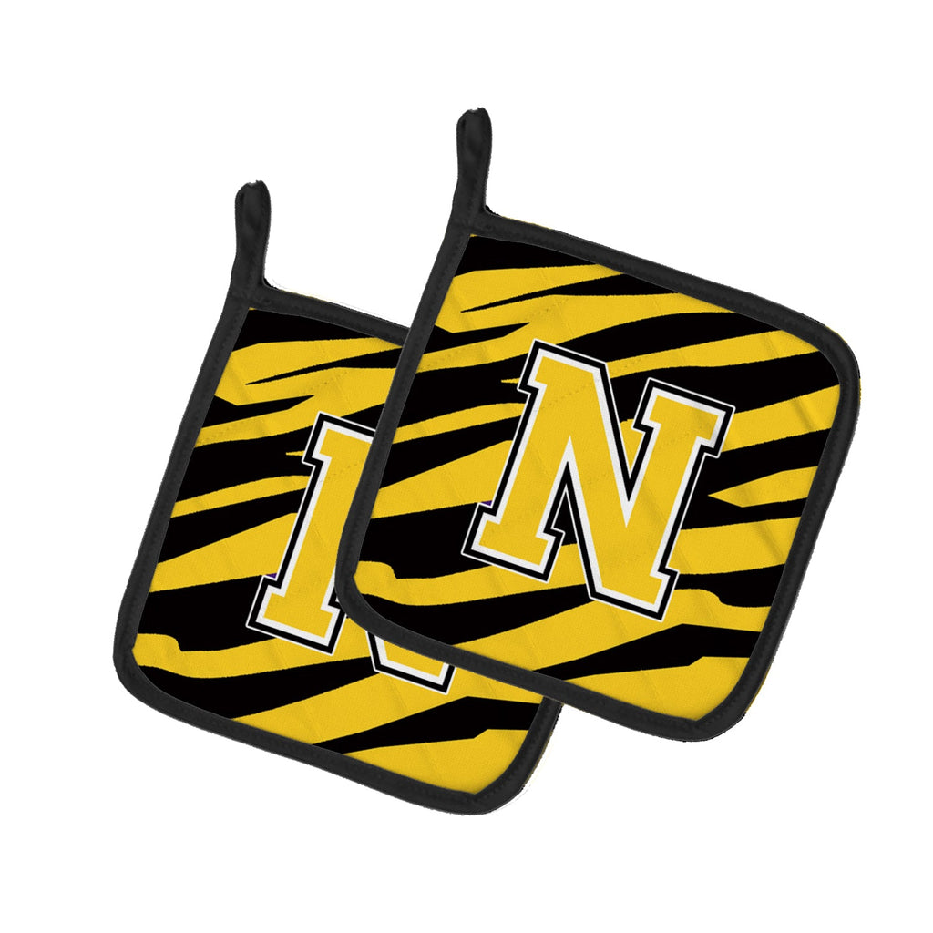 Letter N Initial Tiger Stripe - Black Gold  Pot Holder Set of 2 Heat Resistant Quilted Hot Pads 7.5 x 7.5 Inch, Insulated Kitchen Trivets for Cooking & Baking