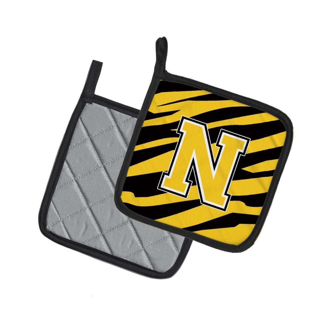 Letter N Initial Tiger Stripe - Black Gold  Pot Holder Set of 2 Heat Resistant Quilted Hot Pads 7.5 x 7.5 Inch, Insulated Kitchen Trivets for Cooking & Baking