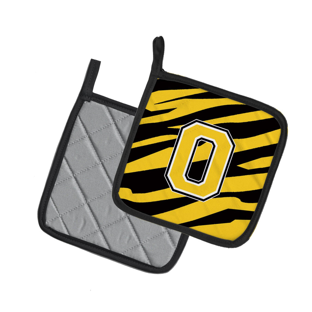 Letter O Initial Tiger Stripe - Black Gold  Pot Holder Set of 2 Heat Resistant Quilted Hot Pads 7.5 x 7.5 Inch, Insulated Kitchen Trivets for Cooking & Baking