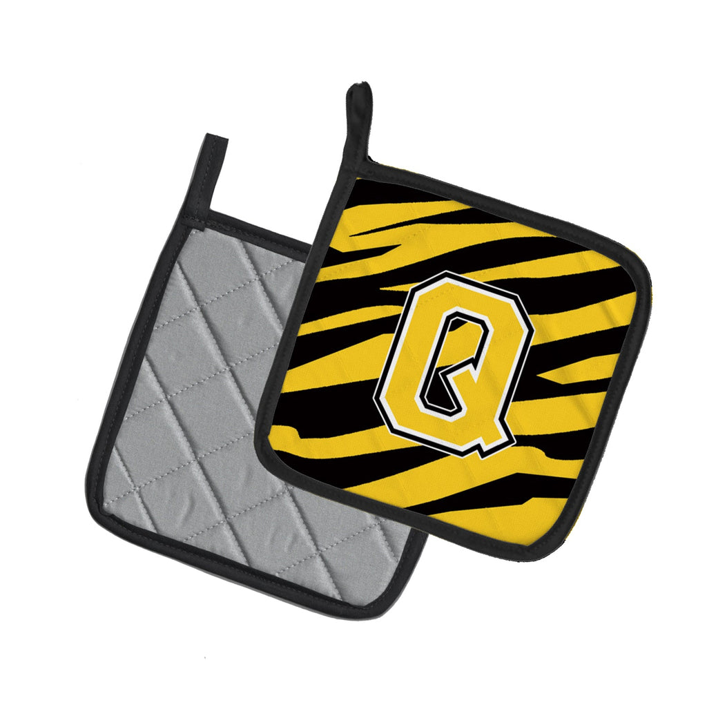 Letter Q Initial Tiger Stripe - Black Gold  Pot Holder Set of 2 Heat Resistant Quilted Hot Pads 7.5 x 7.5 Inch, Insulated Kitchen Trivets for Cooking & Baking