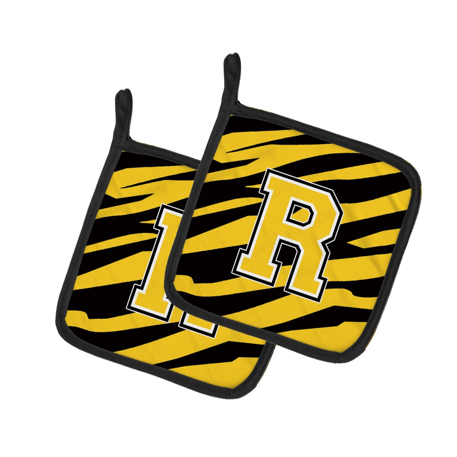 Letter R Initial Tiger Stripe - Black Gold  Pot Holder Set of 2 Heat Resistant Quilted Hot Pads 7.5 x 7.5 Inch, Insulated Kitchen Trivets for Cooking & Baking