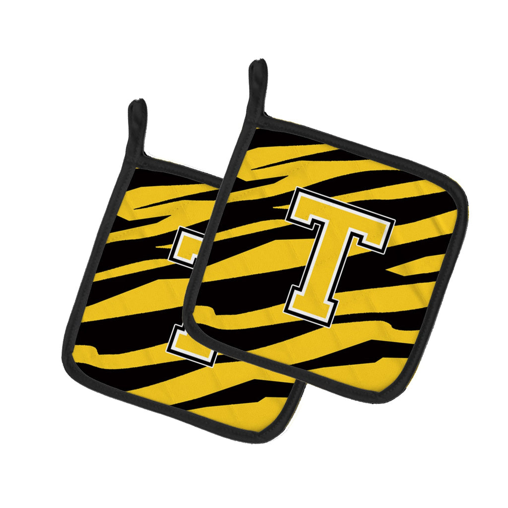 Letter T Initial Tiger Stripe - Black Gold  Pot Holder Set of 2 Heat Resistant Quilted Hot Pads 7.5 x 7.5 Inch, Insulated Kitchen Trivets for Cooking & Baking