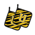 Letter U Initial Tiger Stripe - Black Gold  Pot Holder Set of 2 Heat Resistant Quilted Hot Pads 7.5 x 7.5 Inch, Insulated Kitchen Trivets for Cooking & Baking