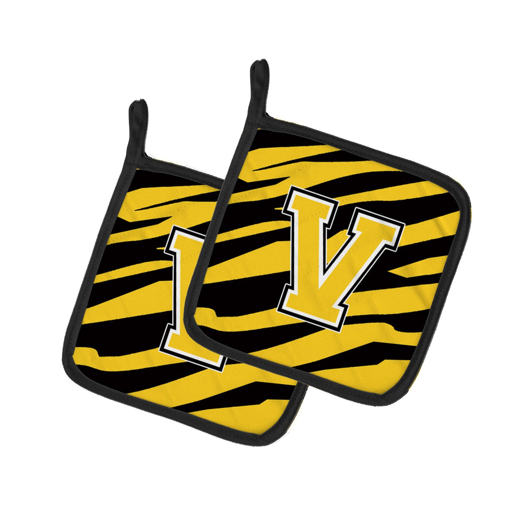 Letter V Initial Tiger Stripe - Black Gold  Pot Holder Set of 2 Heat Resistant Quilted Hot Pads 7.5 x 7.5 Inch, Insulated Kitchen Trivets for Cooking & Baking