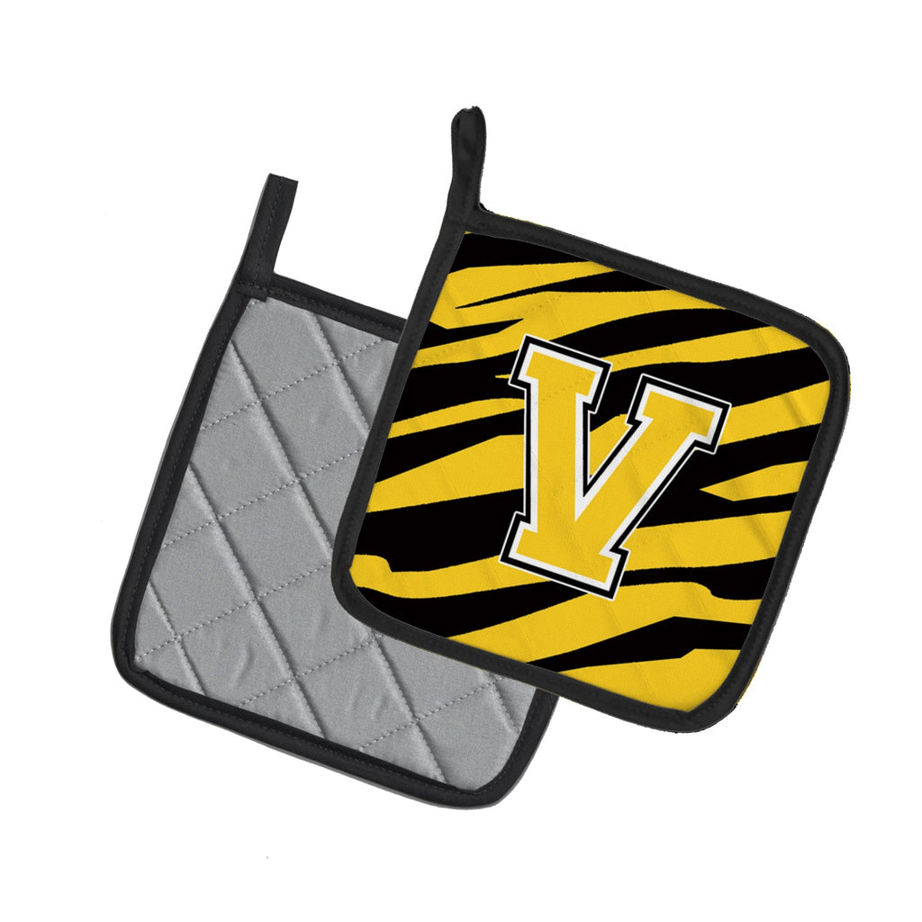 Letter V Initial Tiger Stripe - Black Gold  Pot Holder Set of 2 Heat Resistant Quilted Hot Pads 7.5 x 7.5 Inch, Insulated Kitchen Trivets for Cooking & Baking