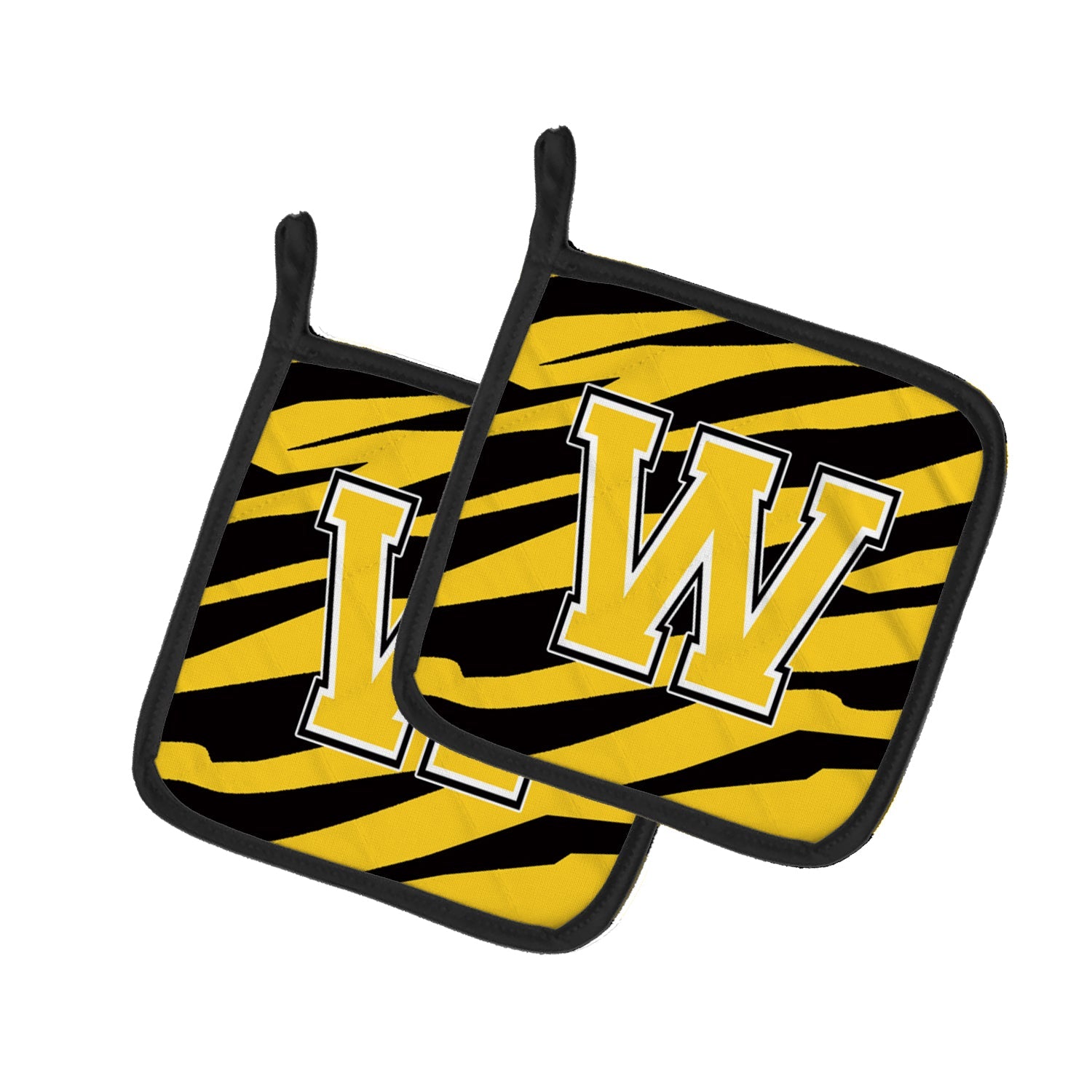 Letter W Initial Tiger Stripe - Black Gold  Pot Holder Set of 2 Heat Resistant Quilted Hot Pads 7.5 x 7.5 Inch, Insulated Kitchen Trivets for Cooking & Baking