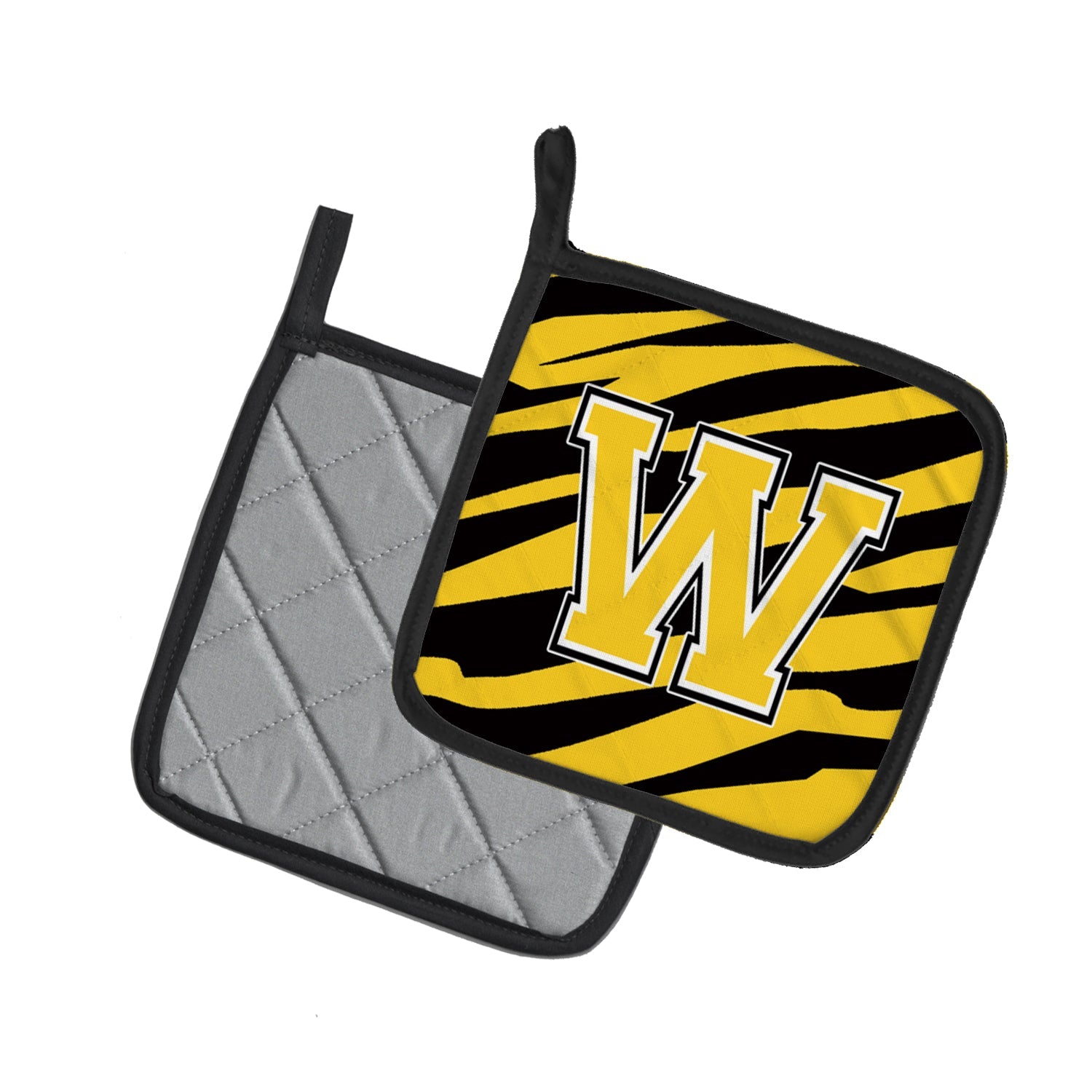 Letter W Initial Tiger Stripe - Black Gold  Pot Holder Set of 2 Heat Resistant Quilted Hot Pads 7.5 x 7.5 Inch, Insulated Kitchen Trivets for Cooking & Baking