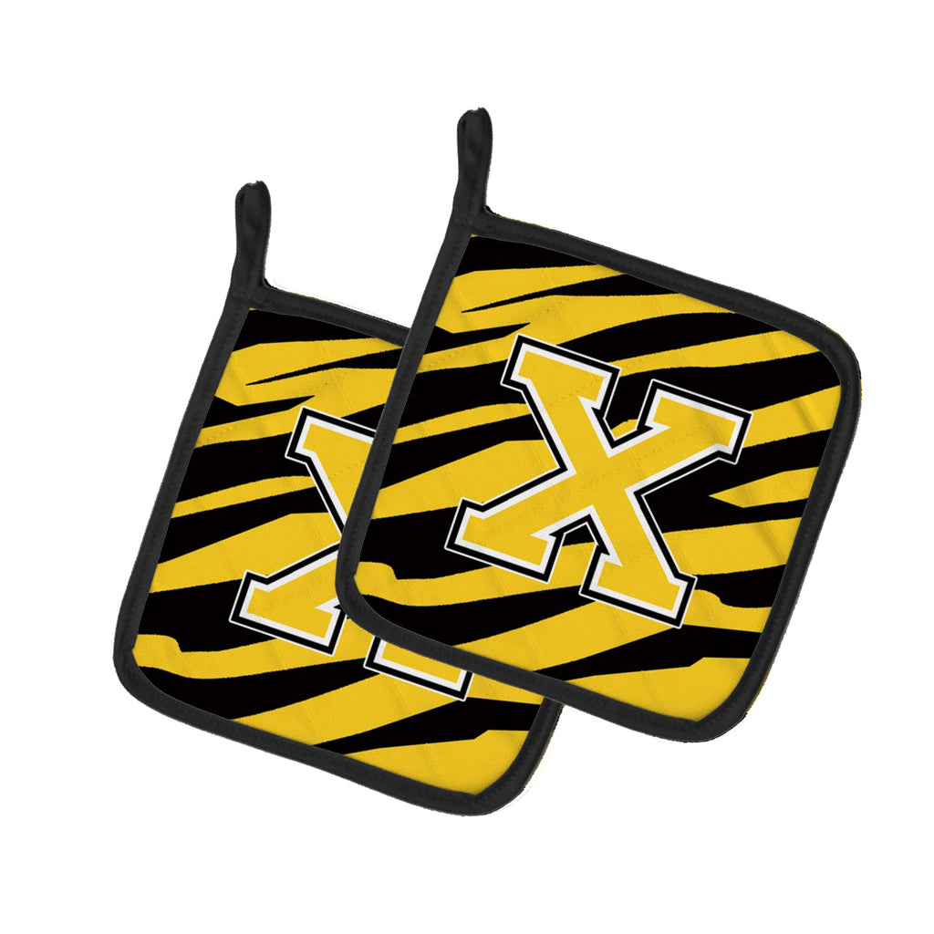 Letter X Initial Tiger Stripe - Black Gold  Pot Holder Set of 2 Heat Resistant Quilted Hot Pads 7.5 x 7.5 Inch, Insulated Kitchen Trivets for Cooking & Baking