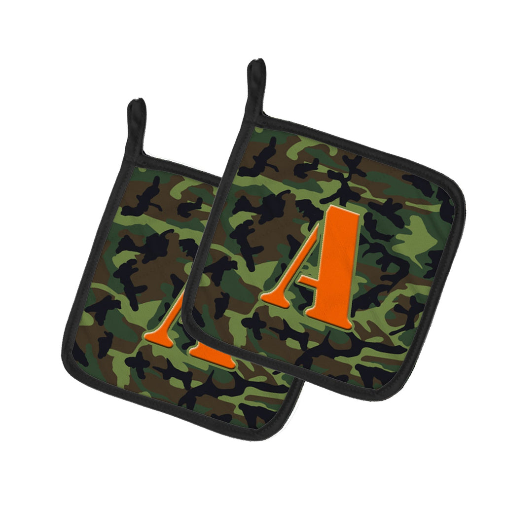 Letter A Monogram - Camo Green Pot Holder Set of 2 Heat Resistant Quilted Hot Pads 7.5 x 7.5 Inch, Insulated Kitchen Trivets for Cooking & Baking