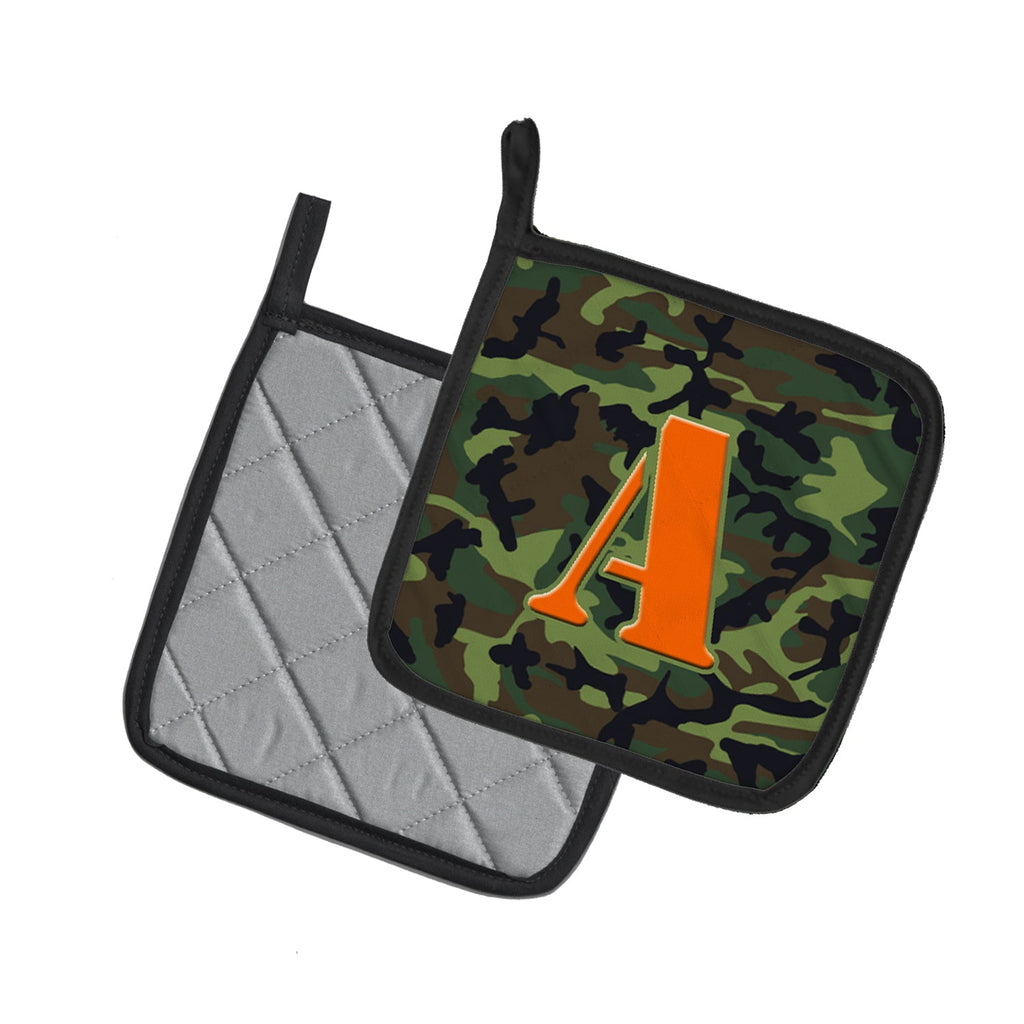 Letter A Monogram - Camo Green Pot Holder Set of 2 Heat Resistant Quilted Hot Pads 7.5 x 7.5 Inch, Insulated Kitchen Trivets for Cooking & Baking