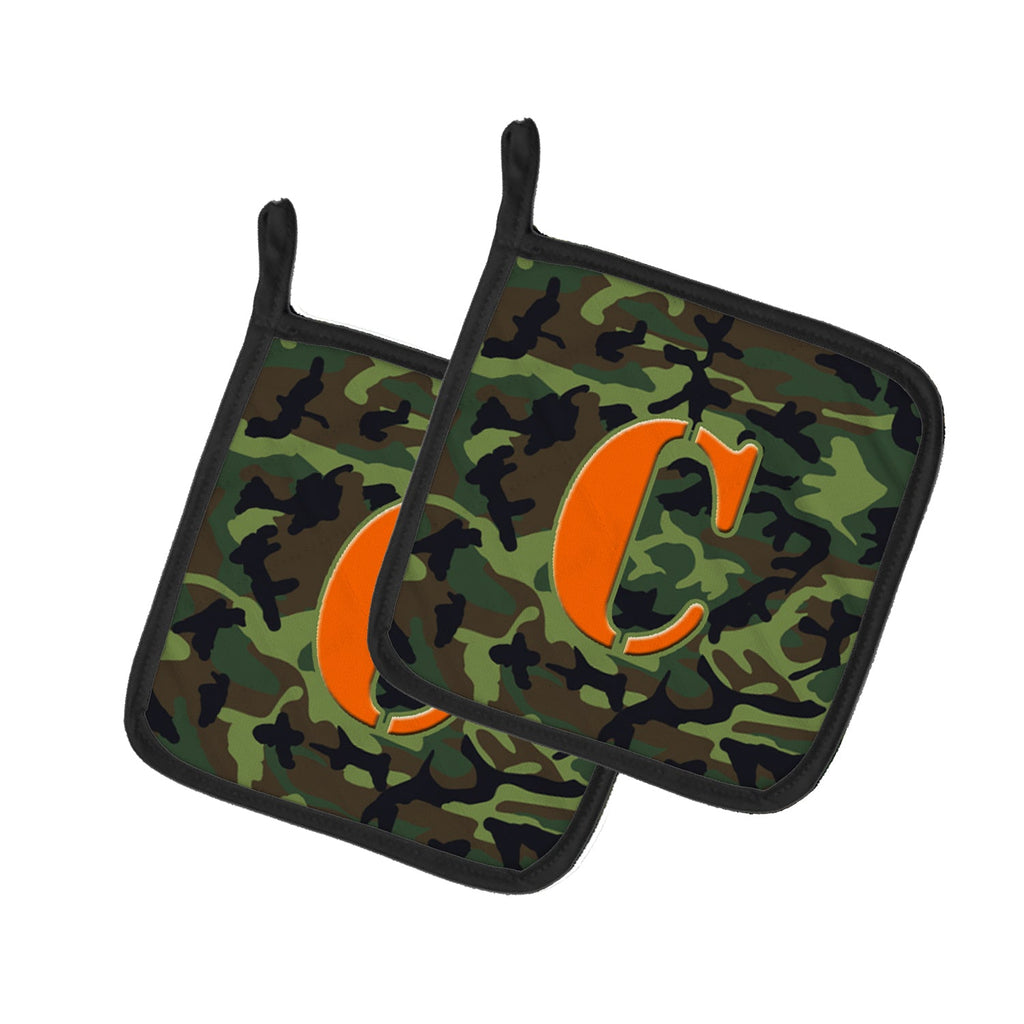 Letter C Monogram - Camo Green Pot Holder Set of 2 Heat Resistant Quilted Hot Pads 7.5 x 7.5 Inch, Insulated Kitchen Trivets for Cooking & Baking