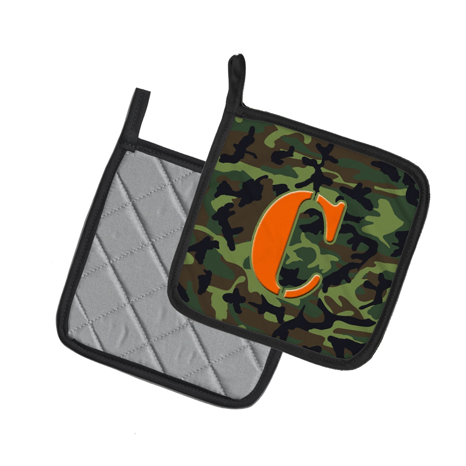 Letter C Monogram - Camo Green Pot Holder Set of 2 Heat Resistant Quilted Hot Pads 7.5 x 7.5 Inch, Insulated Kitchen Trivets for Cooking & Baking
