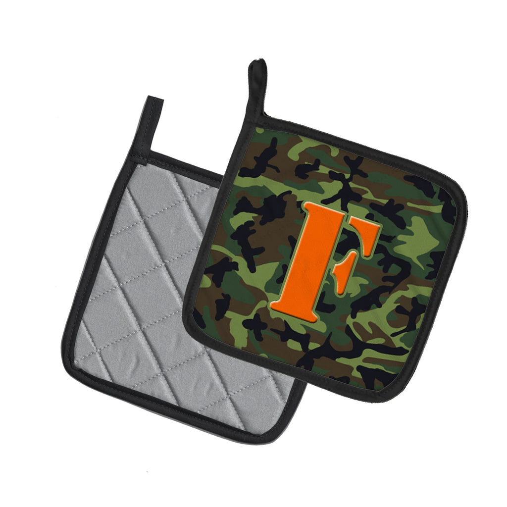 Letter F Monogram - Camo Green Pot Holder Set of 2 Heat Resistant Quilted Hot Pads 7.5 x 7.5 Inch, Insulated Kitchen Trivets for Cooking & Baking