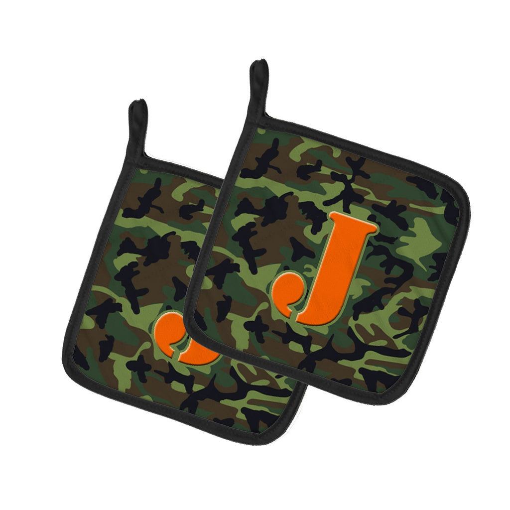 Letter J Monogram - Camo Green Pot Holder Set of 2 Heat Resistant Quilted Hot Pads 7.5 x 7.5 Inch, Insulated Kitchen Trivets for Cooking & Baking